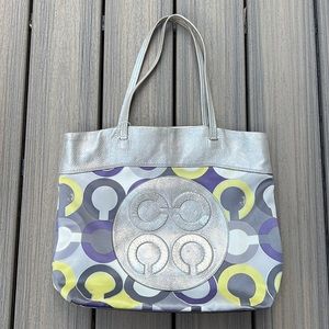 Coach purse large tote bag purple silver metallic light green yellow